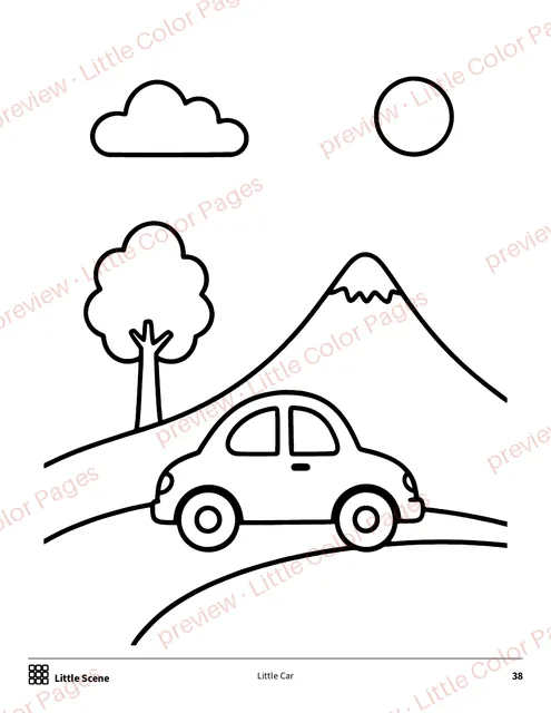 Little Scene coloring page, page 38 of the Cars and Race Cars Coloring Box, shown small with a preview mark