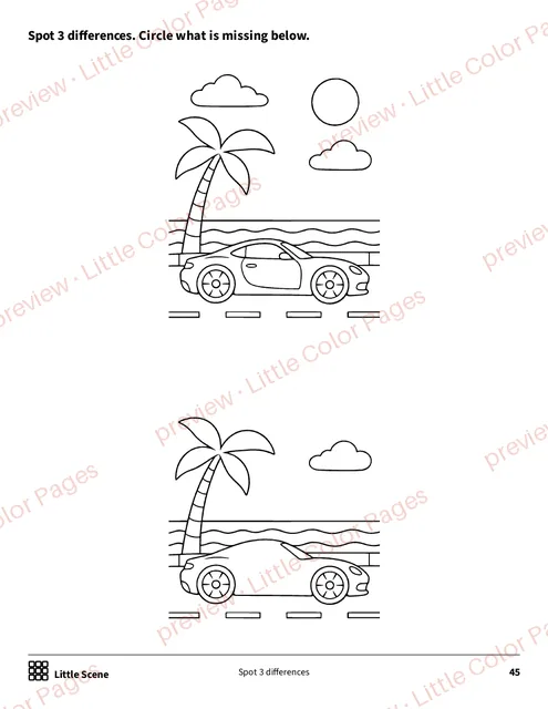 Little Scene: spot 3 differences, page 45 of the Cars and Race Cars Coloring Box, shown small with a preview mark