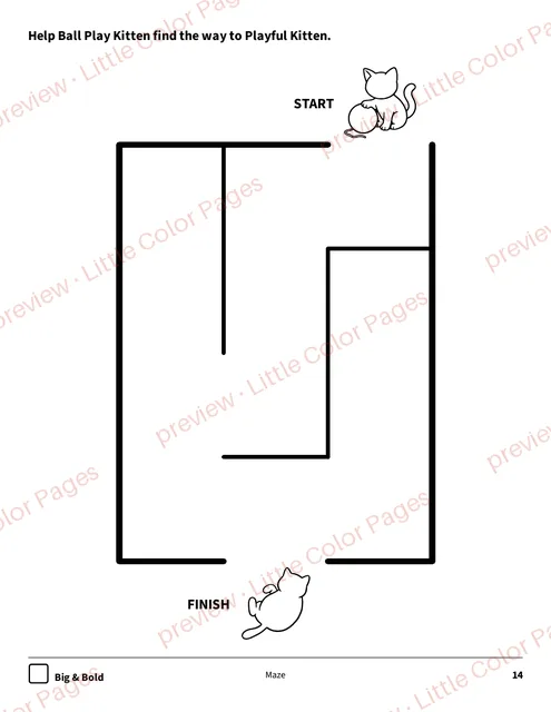 Big & Bold maze, page 14 of the Cats and Kittens Coloring Box, shown small with a preview mark