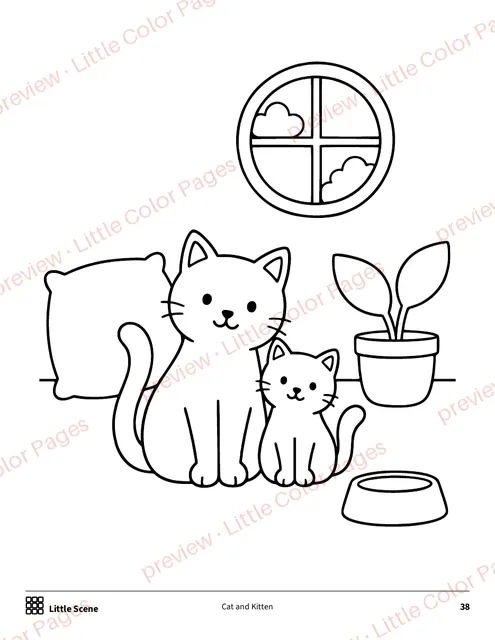 Little Scene coloring page, page 38 of the Cats and Kittens Coloring Box, shown small with a preview mark