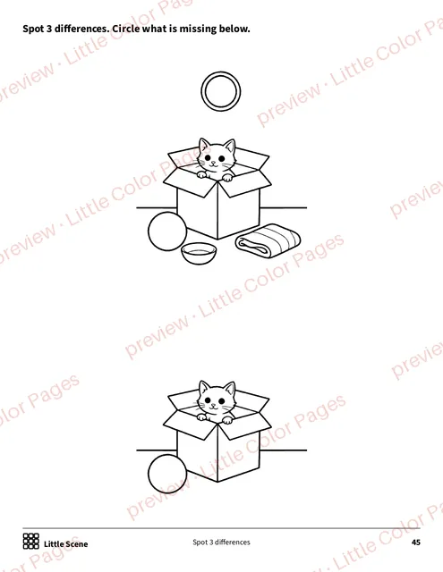 Little Scene: spot 3 differences, page 45 of the Cats and Kittens Coloring Box, shown small with a preview mark