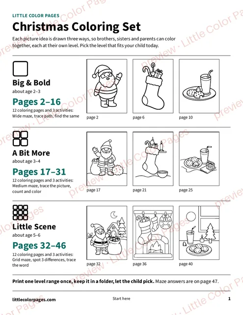 Start page: the page range of each level, page 1 of the Christmas Coloring Set, shown small with a preview mark