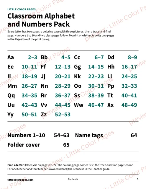 Contents page, page 1 of the Classroom Alphabet and Numbers Pack, shown small with a preview mark