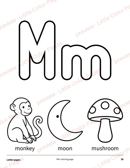 Letter coloring page: Mm, page 26 of the Classroom Alphabet and Numbers Pack, shown small with a preview mark