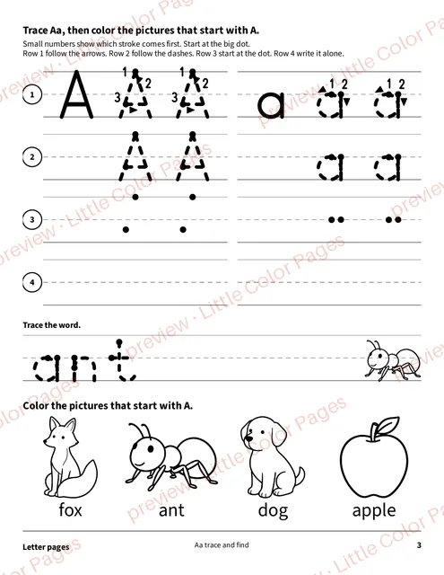 Trace and find page: Aa, page 3 of the Classroom Alphabet and Numbers Pack, shown small with a preview mark