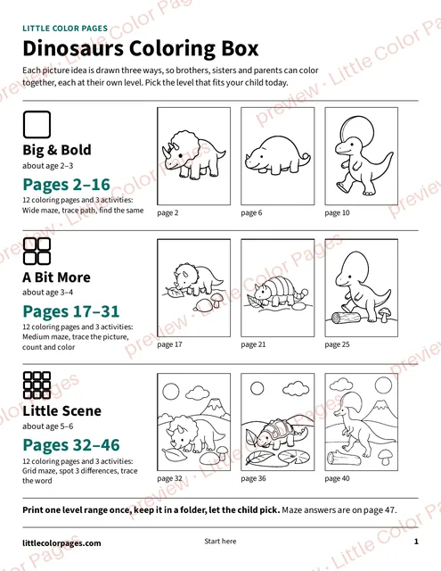 Start page: the page range of each level, page 1 of the Dinosaurs Coloring Box, shown small with a preview mark