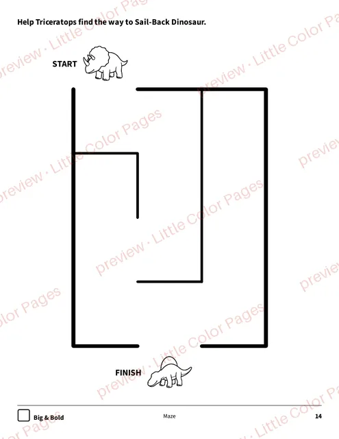 Big & Bold maze, page 14 of the Dinosaurs Coloring Box, shown small with a preview mark