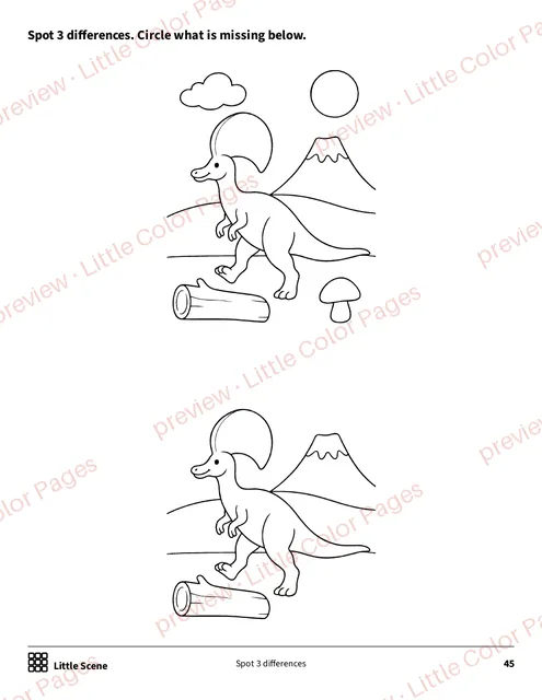 Little Scene: spot 3 differences, page 45 of the Dinosaurs Coloring Box, shown small with a preview mark