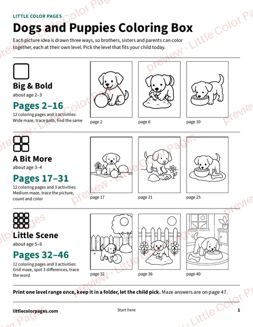 Start page: the page range of each level, page 1 of the Dogs and Puppies Coloring Box, shown small with a preview mark