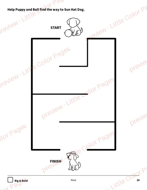 Big & Bold maze, page 14 of the Dogs and Puppies Coloring Box, shown small with a preview mark