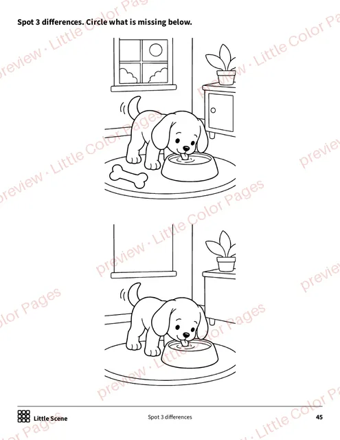 Little Scene: spot 3 differences, page 45 of the Dogs and Puppies Coloring Box, shown small with a preview mark