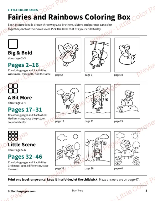 Start page: the page range of each level, page 1 of the Fairies and Rainbows Coloring Box, shown small with a preview mark