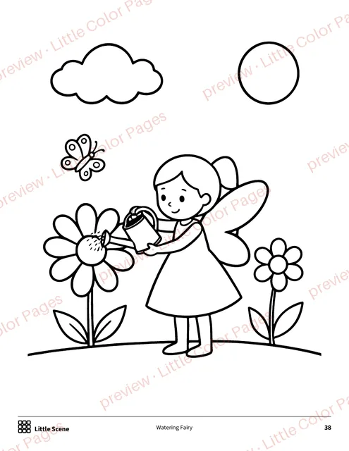 Little Scene coloring page, page 38 of the Fairies and Rainbows Coloring Box, shown small with a preview mark
