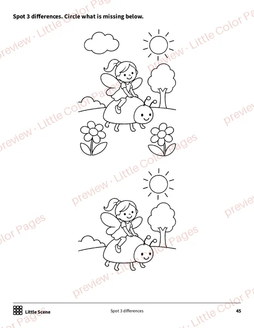 Little Scene: spot 3 differences, page 45 of the Fairies and Rainbows Coloring Box, shown small with a preview mark