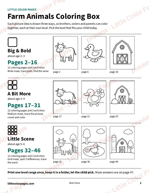 Start page: the page range of each level, page 1 of the Farm Animals Coloring Box, shown small with a preview mark