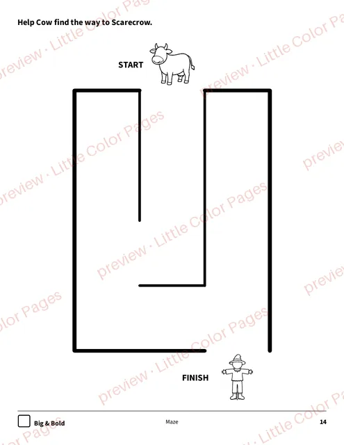Big & Bold maze, page 14 of the Farm Animals Coloring Box, shown small with a preview mark