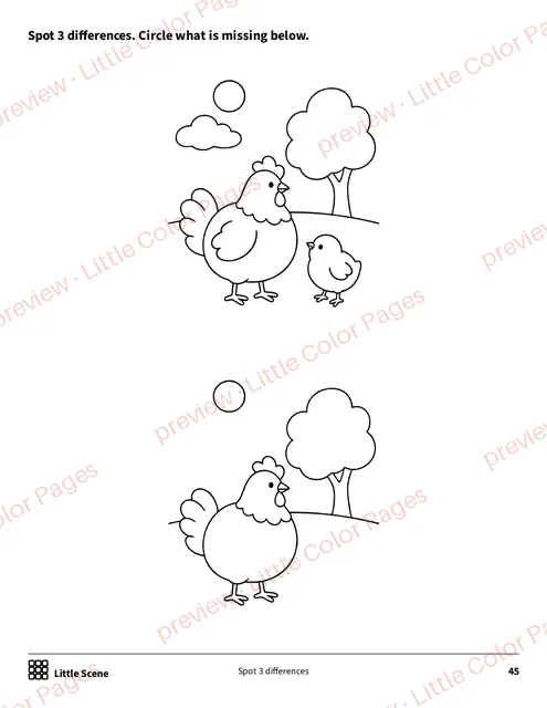 Little Scene: spot 3 differences, page 45 of the Farm Animals Coloring Box, shown small with a preview mark