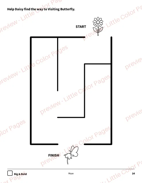 Big & Bold maze, page 14 of the Flowers and Butterflies Coloring Box, shown small with a preview mark
