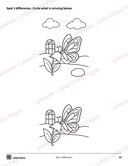 Little Scene: spot 3 differences, page 45 of the Flowers and Butterflies Coloring Box, shown small with a preview mark