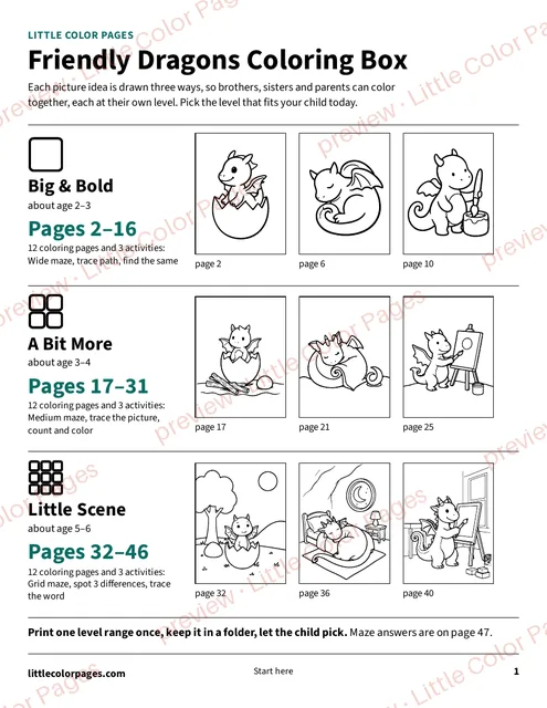 Start page: the page range of each level, page 1 of the Friendly Dragons Coloring Box, shown small with a preview mark