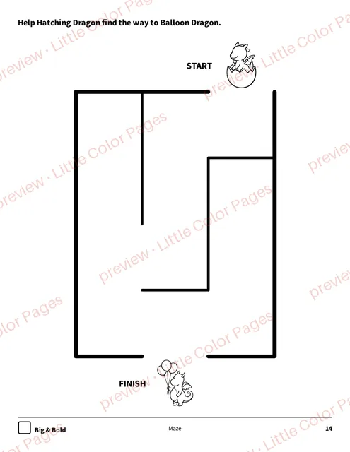 Big & Bold maze, page 14 of the Friendly Dragons Coloring Box, shown small with a preview mark