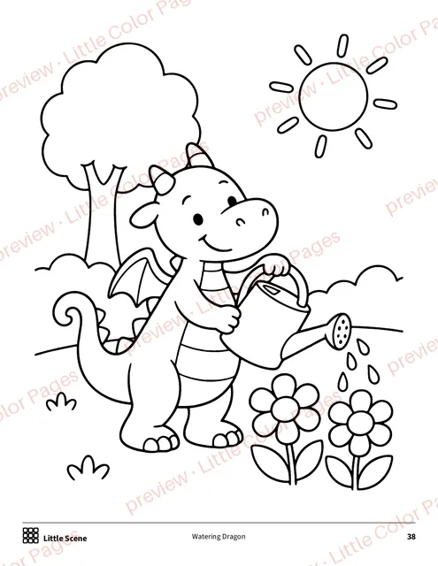 Little Scene coloring page, page 38 of the Friendly Dragons Coloring Box, shown small with a preview mark