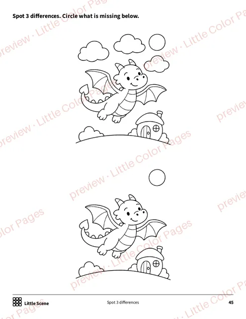 Little Scene: spot 3 differences, page 45 of the Friendly Dragons Coloring Box, shown small with a preview mark