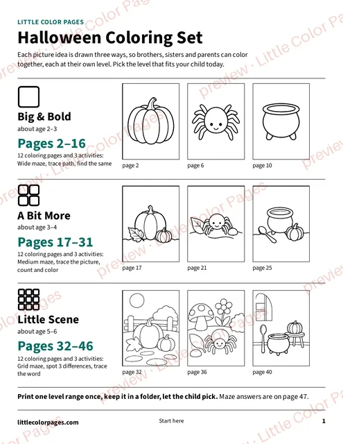 Start page: the page range of each level, page 1 of the Halloween Coloring Set, shown small with a preview mark