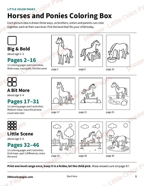 Start page: the page range of each level, page 1 of the Horses and Ponies Coloring Box, shown small with a preview mark