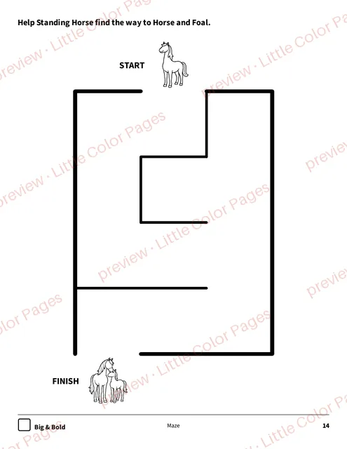 Big & Bold maze, page 14 of the Horses and Ponies Coloring Box, shown small with a preview mark