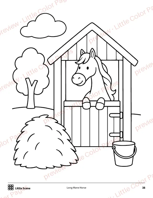 Little Scene coloring page, page 38 of the Horses and Ponies Coloring Box, shown small with a preview mark