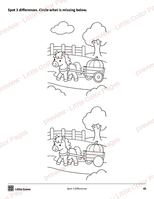 Little Scene: spot 3 differences, page 45 of the Horses and Ponies Coloring Box, shown small with a preview mark