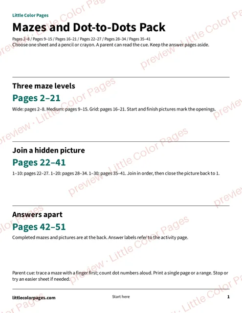 Start page with page ranges, page 1 of the Mazes and Dot-to-Dots Pack, shown small with a preview mark