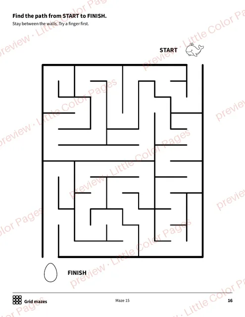 Grid maze, page 16 of the Mazes and Dot-to-Dots Pack, shown small with a preview mark