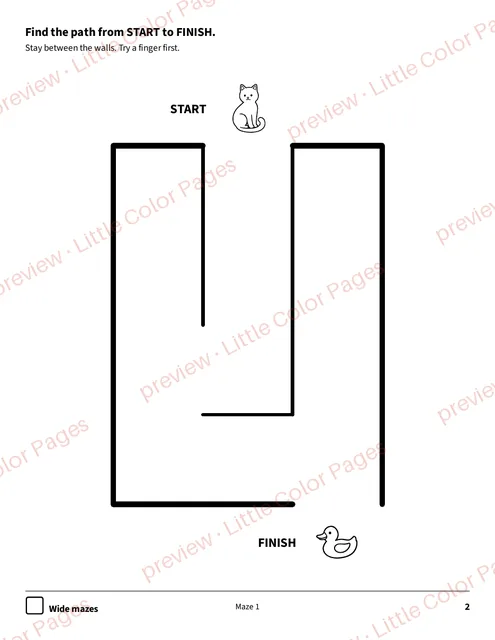 Wide-path maze, page 2 of the Mazes and Dot-to-Dots Pack, shown small with a preview mark
