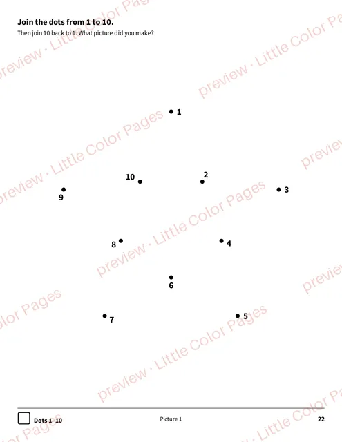 Dot-to-dot 1 to 10, page 22 of the Mazes and Dot-to-Dots Pack, shown small with a preview mark