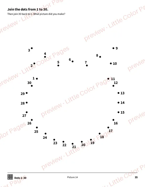 Dot-to-dot 1 to 30, page 35 of the Mazes and Dot-to-Dots Pack, shown small with a preview mark