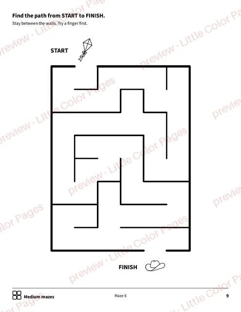 Medium maze, page 9 of the Mazes and Dot-to-Dots Pack, shown small with a preview mark