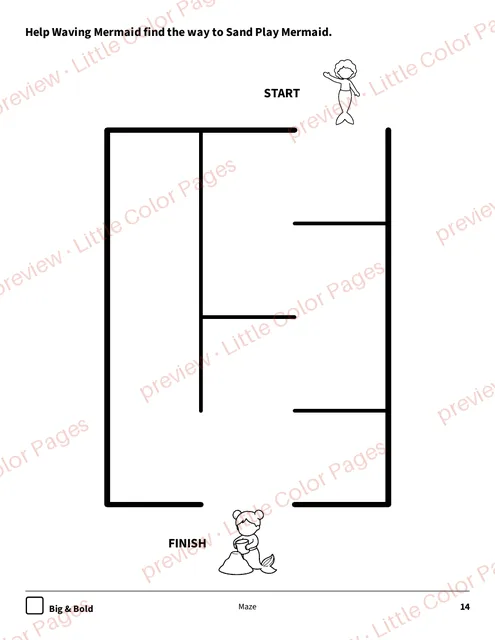 Big & Bold maze, page 14 of the Mermaids Coloring Box, shown small with a preview mark