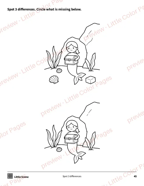 Little Scene: spot 3 differences, page 45 of the Mermaids Coloring Box, shown small with a preview mark