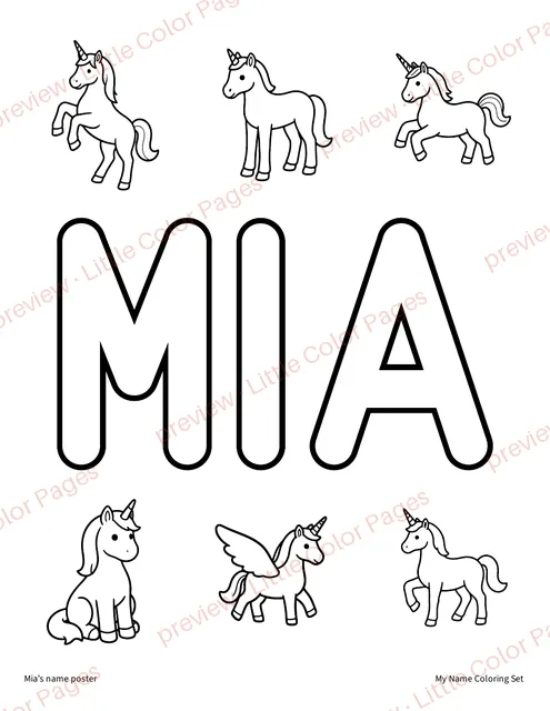 Example name poster (Mia), page 1 of the My Name Coloring Set, shown small with a preview mark