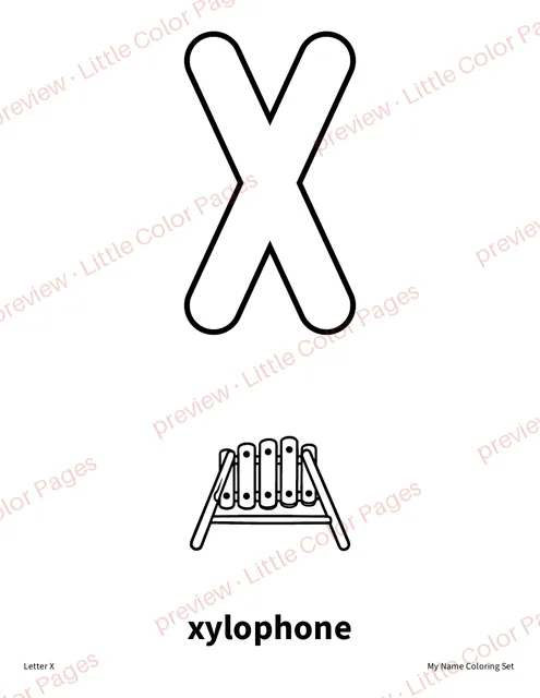 Example letter page: X, page 12 of the My Name Coloring Set, shown small with a preview mark