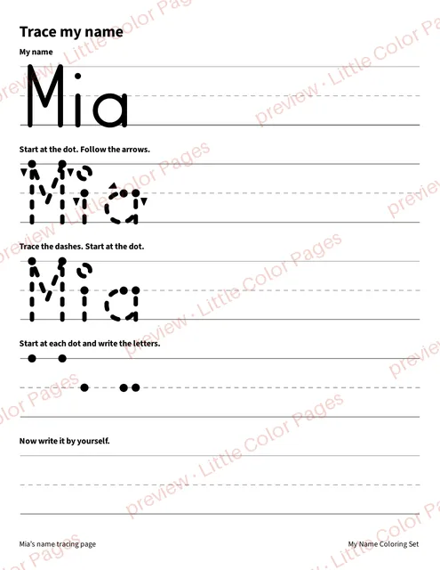 Example name tracing page, page 2 of the My Name Coloring Set, shown small with a preview mark