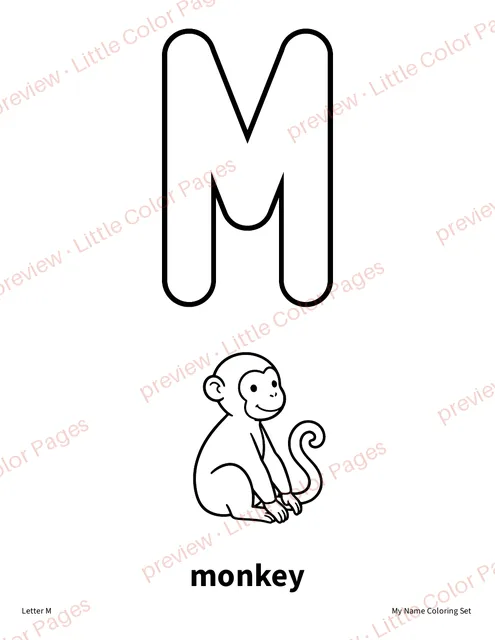 Example letter page: M, page 3 of the My Name Coloring Set, shown small with a preview mark
