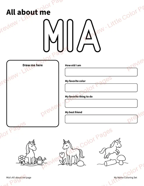 Example All about me page, page 6 of the My Name Coloring Set, shown small with a preview mark