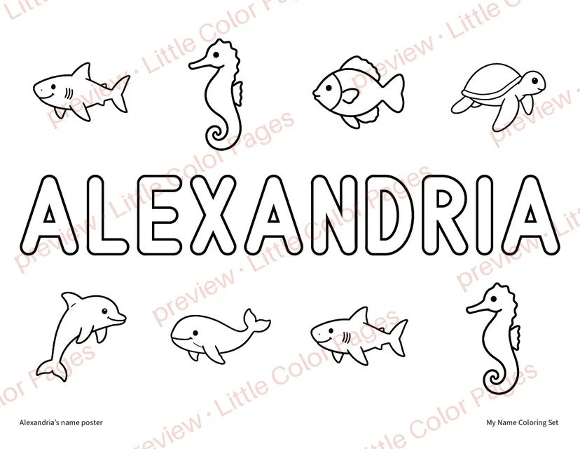 Example poster for a long name (Alexandria), page 7 of the My Name Coloring Set, shown small with a preview mark
