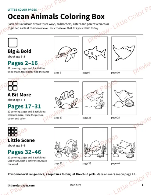 Start page: the page range of each level, page 1 of the Ocean Animals Coloring Box, shown small with a preview mark