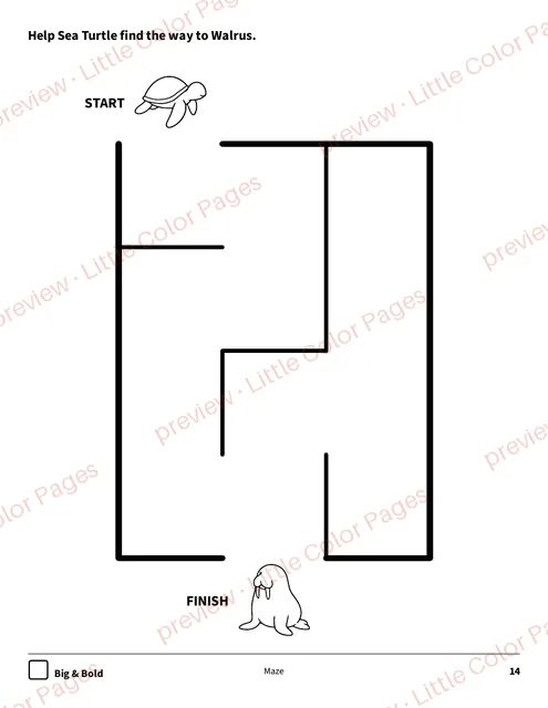 Big & Bold maze, page 14 of the Ocean Animals Coloring Box, shown small with a preview mark