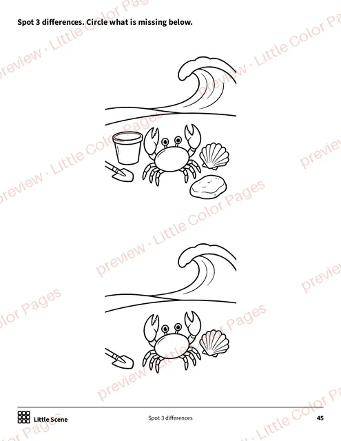 Little Scene: spot 3 differences, page 45 of the Ocean Animals Coloring Box, shown small with a preview mark