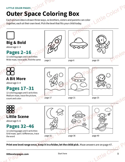 Start page: the page range of each level, page 1 of the Outer Space Coloring Box, shown small with a preview mark